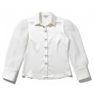 Muse Womens Blouse Sz 10 Ivory Sheer Bishop Sleeve Button Collar Elegant Classic